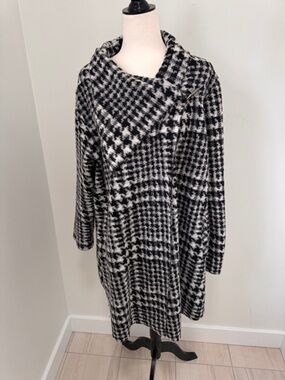 Carre Noir Coatigan Black & White Houndstooth Relaxed Fit Large Collar Sz L